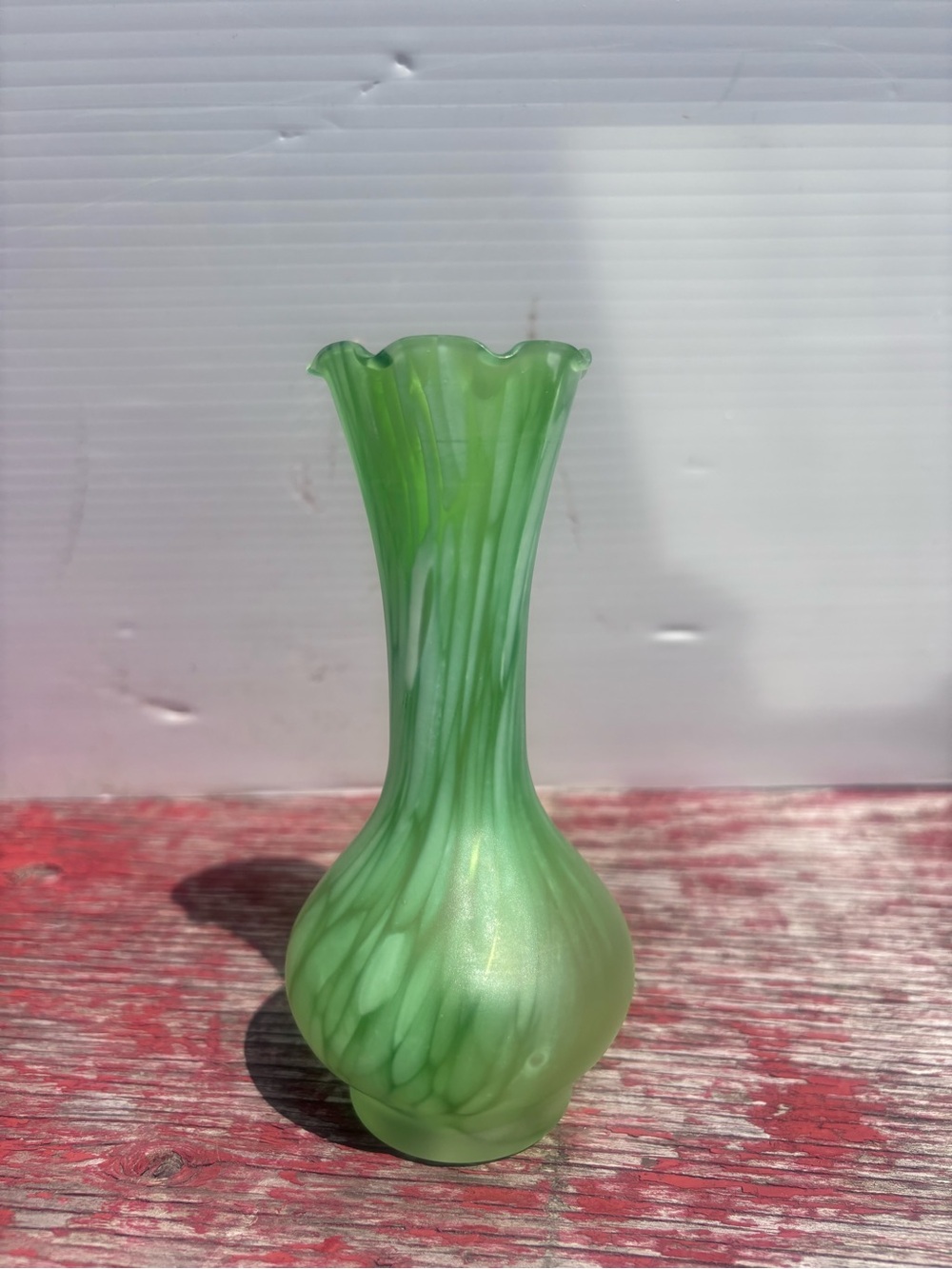 Vintage Satin Green Art Glass Bud Vase – Hand Blown – – 6”